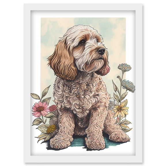 Cockapoo Dog with Spring Wildflowers Soft Watercolour Illustration Artwork Framed Wall Art Print A4