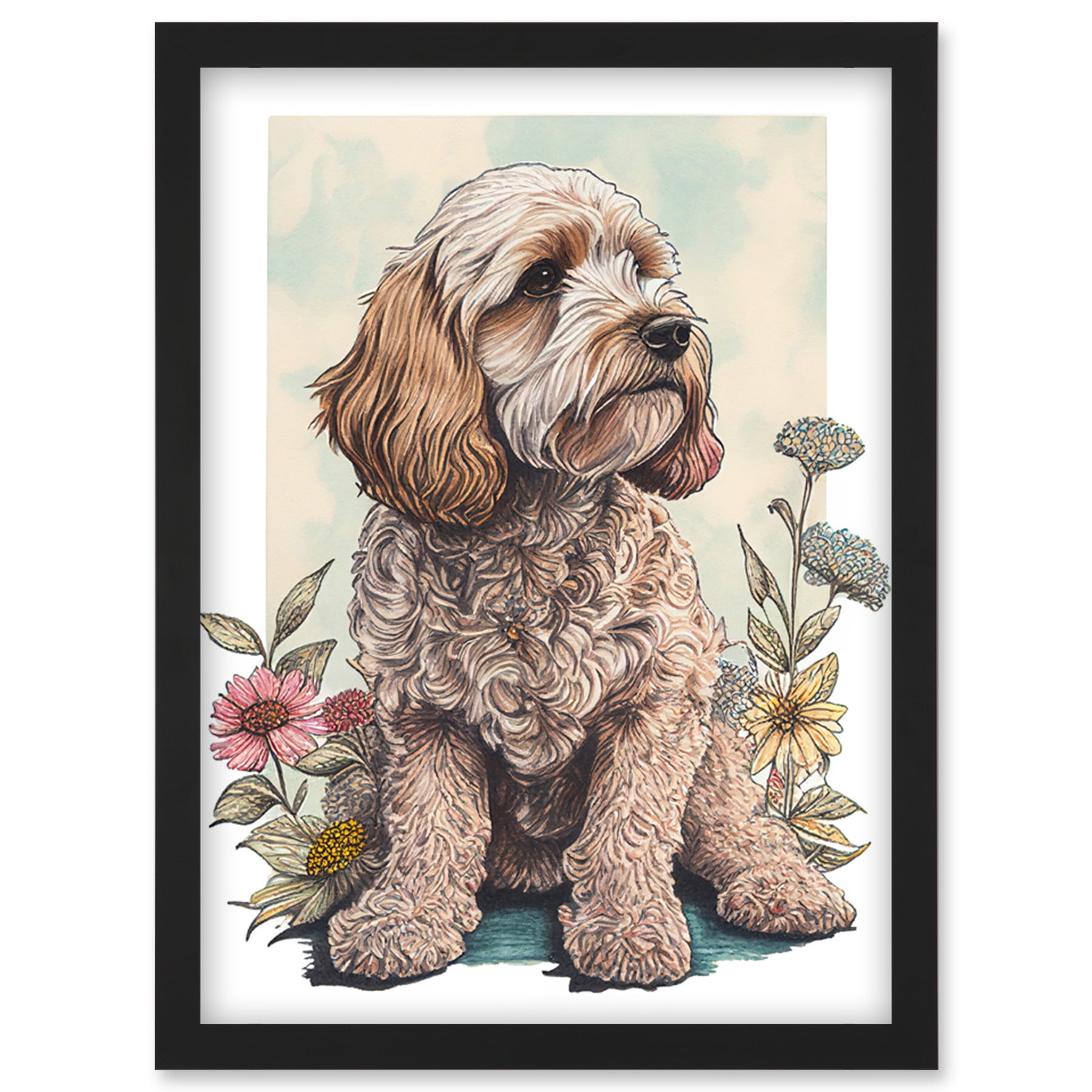 Cockapoo Dog with Spring Wildflowers Soft Watercolour Illustration Artwork Framed Wall Art Print A4 Walmart