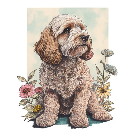Cockapoo Dog with Spring Wildflowers Soft Watercolour Illustration Extra Large XL Wall Art Poster Print