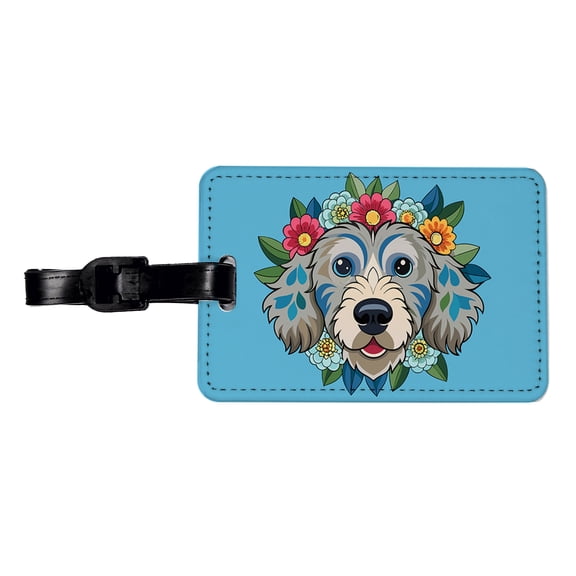 Cockapoo Head Floral Motif Light Blue Dog Faux Leather Travel Luggage Tag
