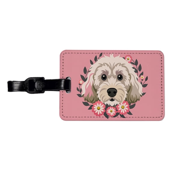 Cockapoo Head Floral Motif Light Pink Dog Faux Leather Travel Luggage Tag