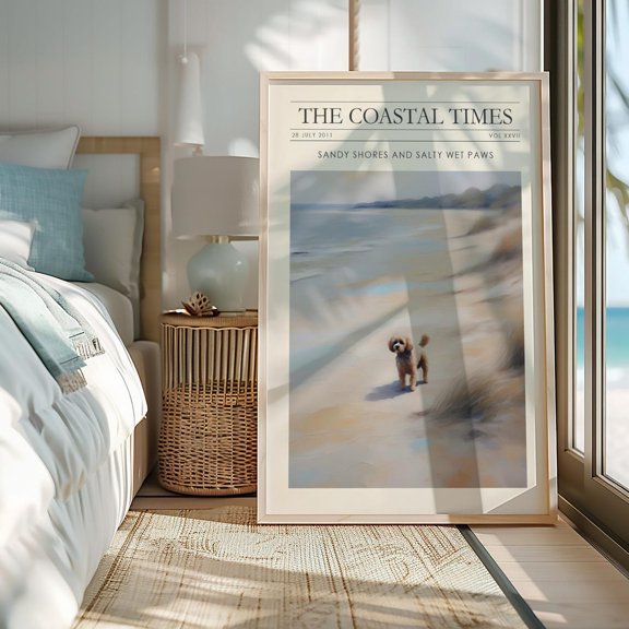 Cockapoo On A Beach Print Neutral Coastal Print Cockapoo Print Beach Wall Art Dog Lover Gift Dog Wall Art Beach House Decor, Unframed Paper Print