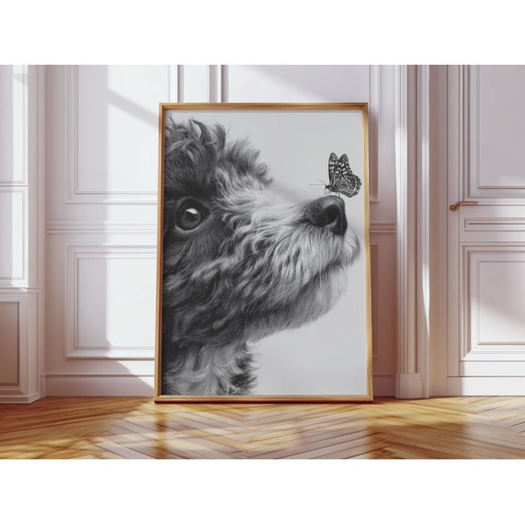 Cockapoo Puppy Nose Butterfly Print, Black White Minimalist Dog Gift Pencil Art Drawing , Poster Print Only