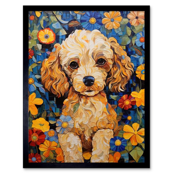 Cockapoo Puppy Oil Painting Colourful Bright Bold Floral Fun Art Print Framed Poster Wall Decor 12x16 inch