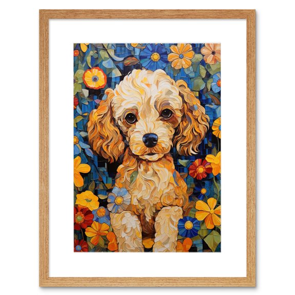 Cockapoo Puppy Oil Painting Colourful Bright Bold Floral Fun Artwork Framed Wall Art Print 9X7 Inch