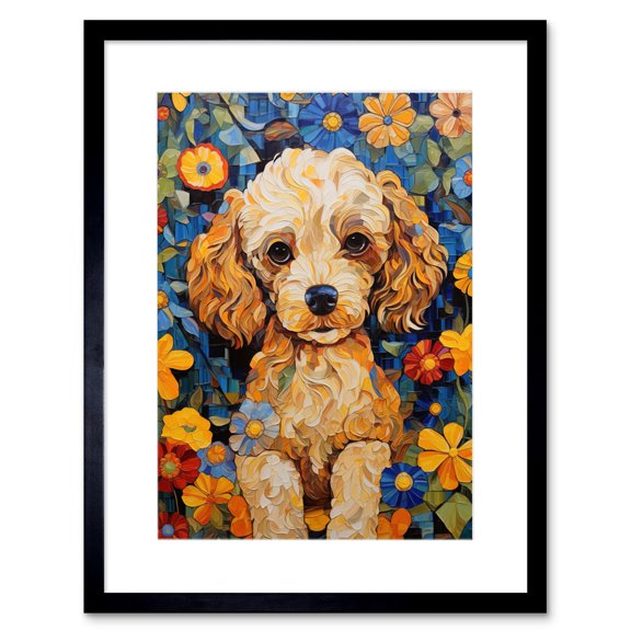 Cockapoo Puppy Oil Painting Colourful Bright Bold Floral Fun Artwork Framed Wall Art Print 9X7 Inch