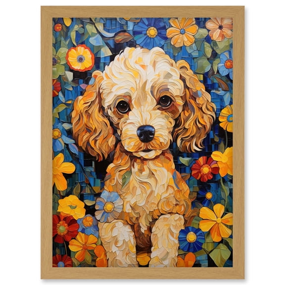 Cockapoo Puppy Oil Painting Colourful Bright Bold Floral Fun Artwork Framed Wall Art Print A4