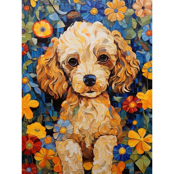 Cockapoo Puppy Oil Painting Colourful Bright Bold Floral Fun Large Wall Art Poster Print Thick Paper 18X24 Inch