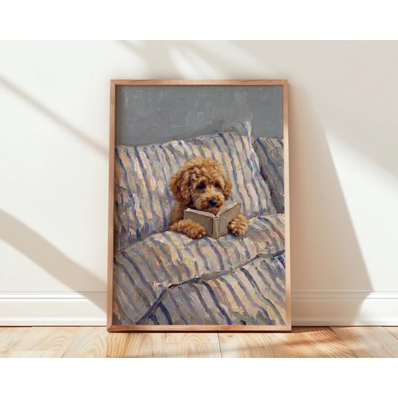 Cockapoo Reading In Bed Wall Art Print, Cozy Dog Book Lover Decor