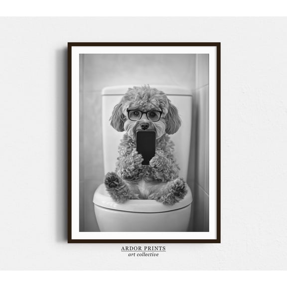 Cockapoo Sitting On Toilet Wall Art Print, Dog On Phone, Black And White Owner, Trendy, Bathroom And Gallery Wall Decor