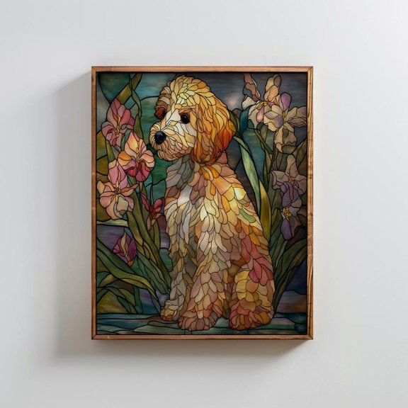 Cockapoo Stained Glass Art Print Floral Puppy Portrait Colorful Pet Decor
