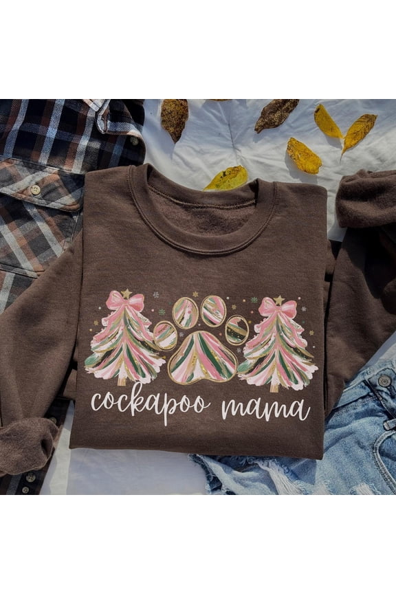 Cockapoo Sweatshirt, Merry Cockapoo Pink Tree Sweater, Cockapoo Lover , Coquette Cockapoo Dog Mom Crewneck Top