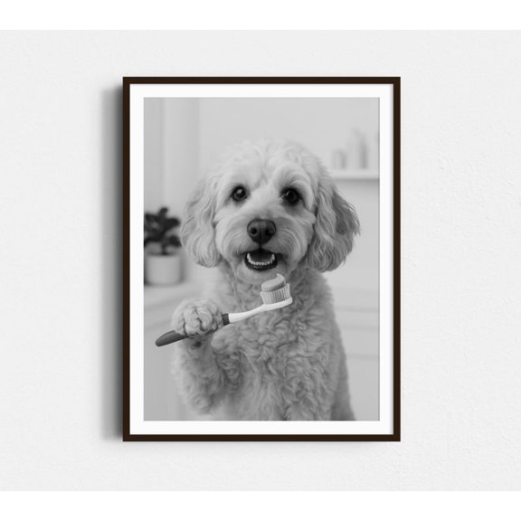 Cockapoo Wall Art Print, Dog Brushing Teeth, Black And White Owner, Bathroom And Gallery Wall Decor