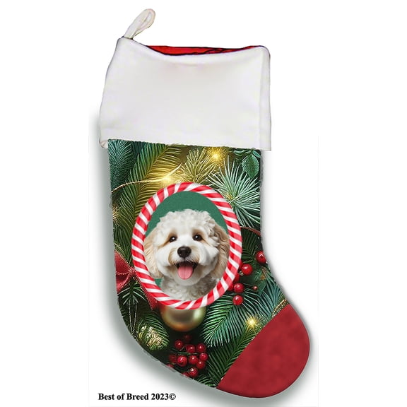 Cockapoo White - Best of Breed Christmas Stocking 13.5" Red Gaming Cloth with Red Lining ,Plush White Cuff