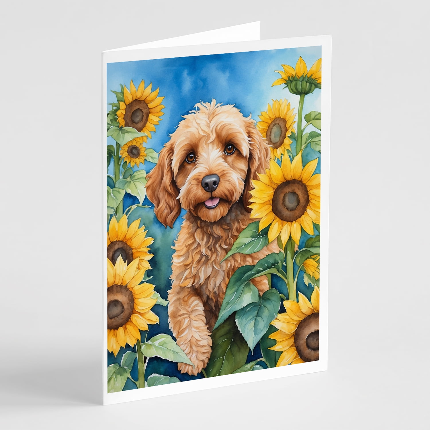 Cockapoo in Sunflowers Greeting Cards Pack of 8 7 in x 5 in