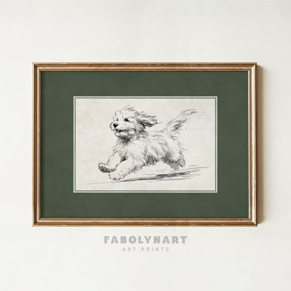 Cockapoo with Zoomies Sage Green Decor Rustic Running Dog Sketch Vintage Mom, Unframed Poster