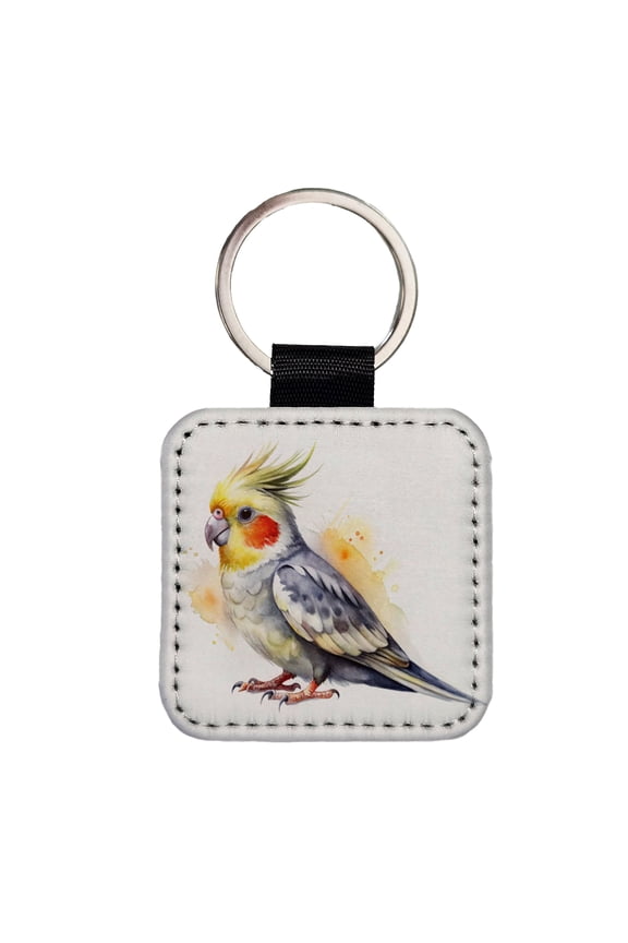 Cockatiel Parrot Bird Watercolor Faux Leather Square Keychain