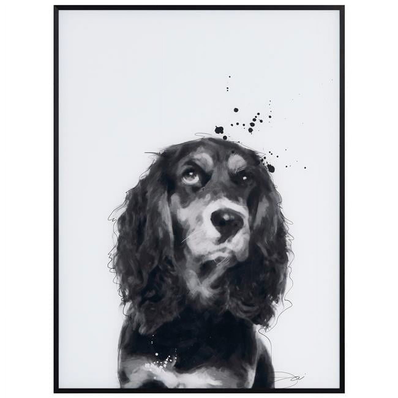 "Cocker Spaniel" Black and White Pet Portraits on Reverse Printed Art Glass, Minimally Encased on Black Anodized Aluminum Frame