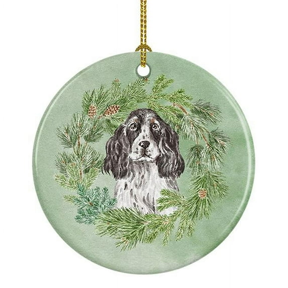 Cocker Spaniel Black and White Ticked Christmas Wreath Ceramic Ornament 2.8 in x 2.8 in