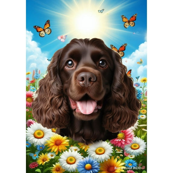 Cocker Spaniel Chocolate - Best of Breed Summer Butterflies Outdoor House Flag 28" x 40" Mailbox Flag Dog Flag