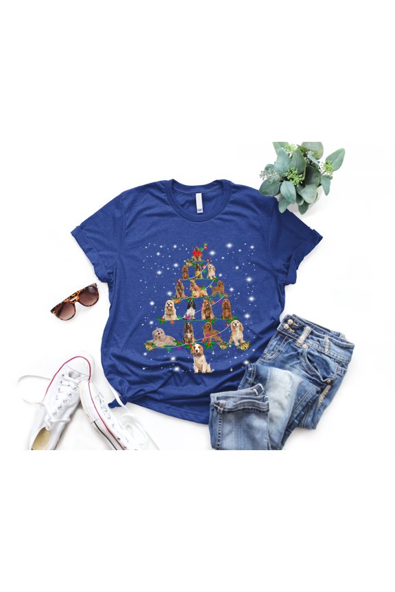 Cocker Spaniel Christmas Tree T-Shirt, Funny Dog Lover Gift, Cocker Spaniel Christmas Lights Shirts, Christmas Shirts for Women Men
