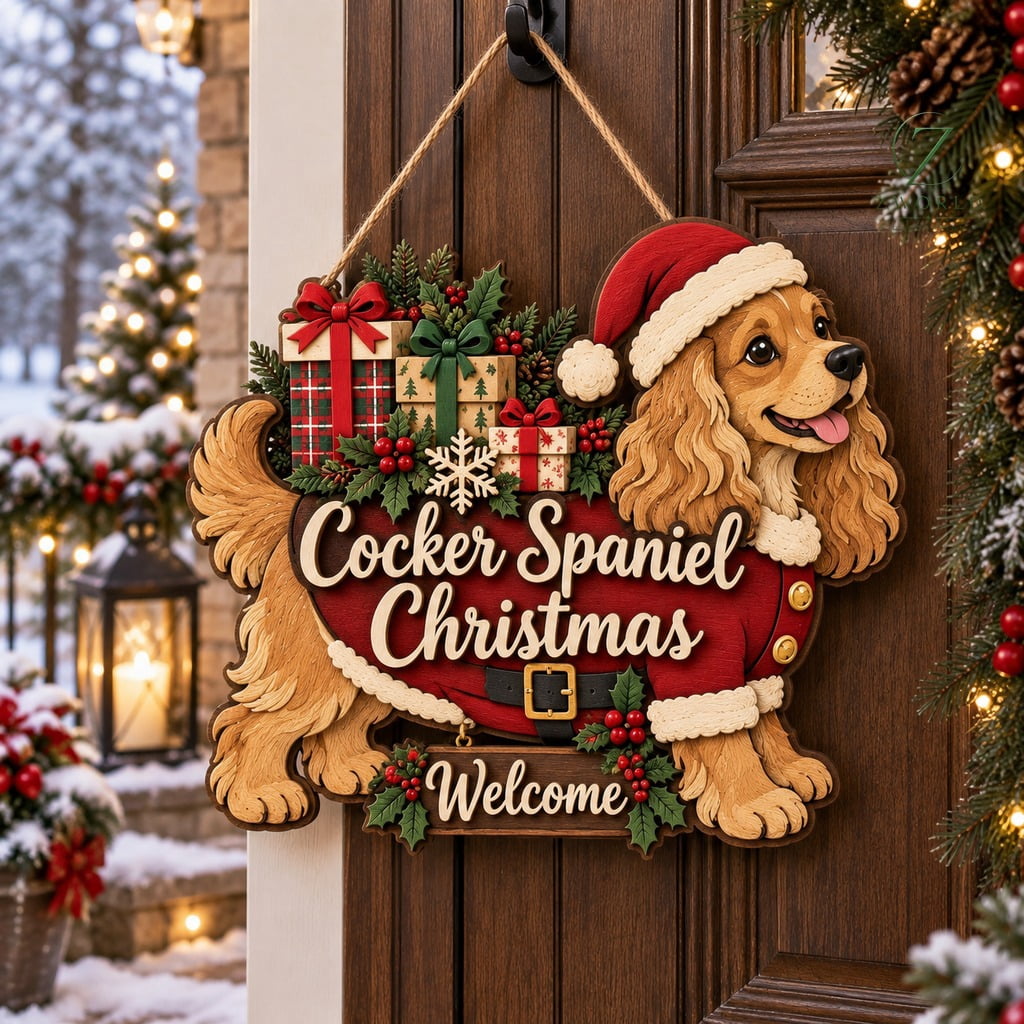 Cocker Spaniel Christmas Wooden Door Sign, Santa Dog Front Entry ...