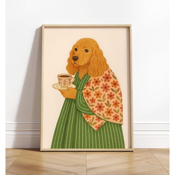 Cocker Spaniel Coffee Floral Jacket Dog Accent Portrait Decor Unframed Paper Print