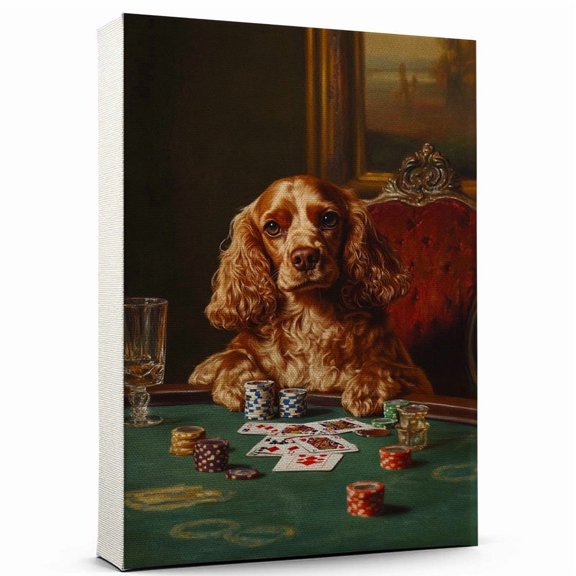 Cocker Spaniel Cute Dog Poker Stretched Canvas Size 8x12 – Retro Cocker Spaniel Dog Batter in Action With Poker for Themed Living Room