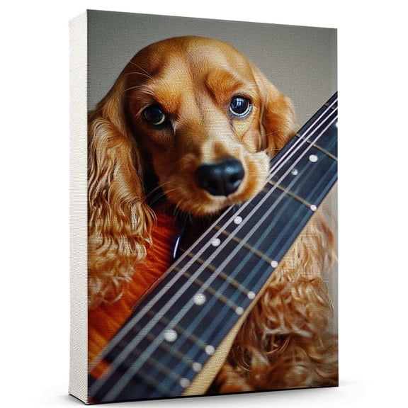 Cocker Spaniel Dog Stretched Canvas Size 8x12 – Cute Cocker Spaniel Canvas Wall Art of Puppy Playing Bass Guitar, Perfect for Dog and Music Fans