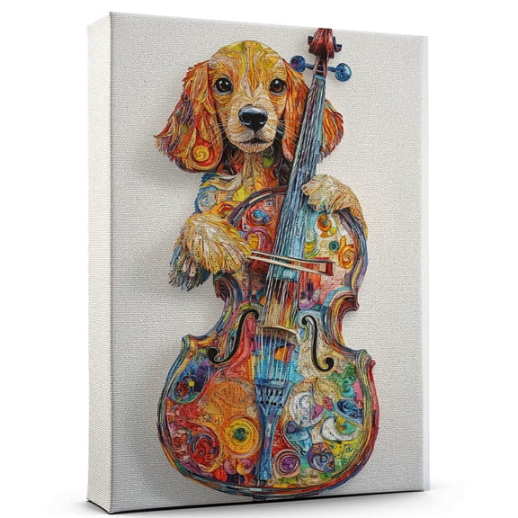 Cocker Spaniel Dog Stretched Canvas Size 8x12 – Funny Cocker Spaniel Dog Playing Cello Canvas Wall Art for Music Lovers, Pet Lovers, Home Decor