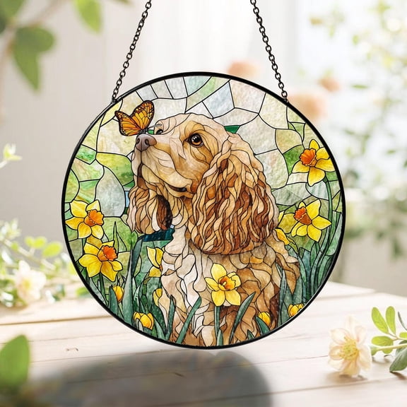 Cocker Spaniel Glass Suncatcher, Cocker Spaniel Window Hanging, Cocker Dog With Butterfly Home Decor,Floral Pet Memorial Gift,Dog Lover Gift, Suncatcher Window Hanging, 3.5 in
