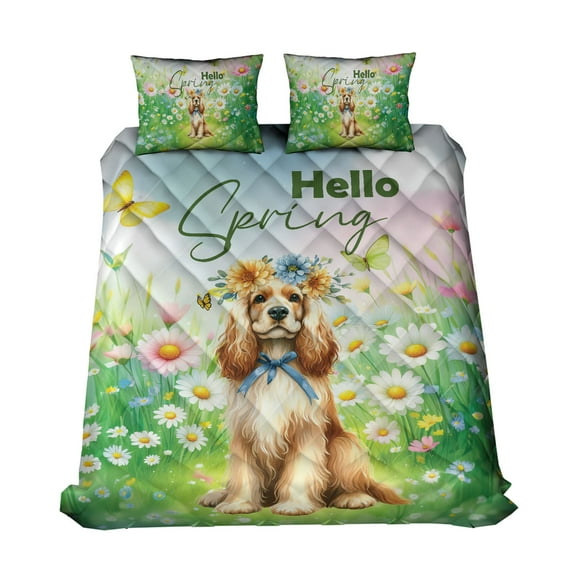 Cocker Spaniel Hello Spring Time Flower Floral Nature Quilt Bedding Set Cockers Dog Lover Gifts 1 Blanket Bed Cover 2 Pillowcases - 02031