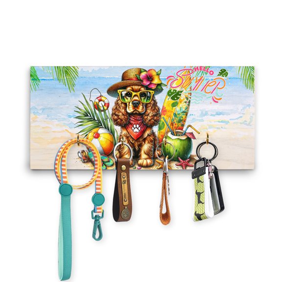 Cocker Spaniel Hello Summer with Sunglasses and Surfboard Tropical Vibes Wood Key Holder Cockers Dog Lover Gifts Wall-mounted Key Rack Home Decor - 00007