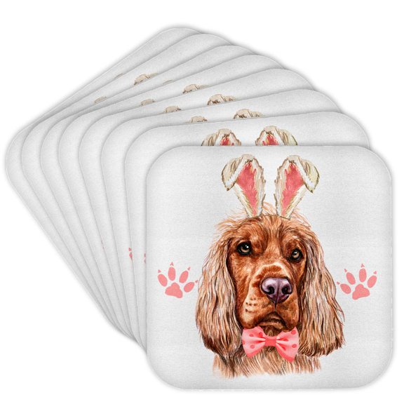 3drose, Cocker Spaniel Lovers Easter Dog in a Pink Bow and Bunny Ears, Set of 8 Coasters - Soft