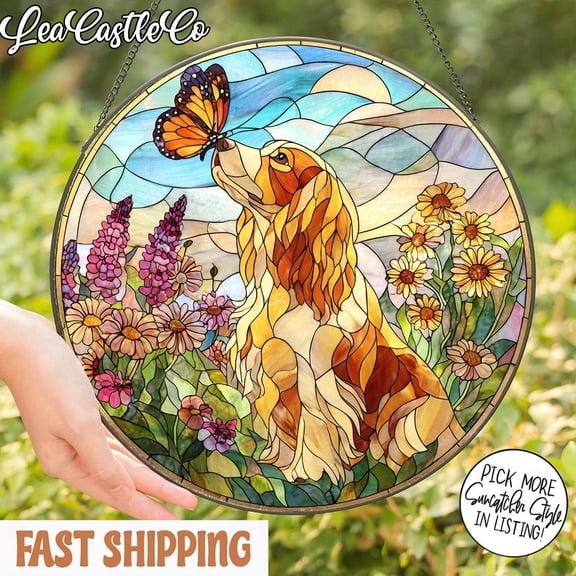 Cocker Spaniel Suncatcher, Cocker Dog with Butterfly Window Hanging Art, Cocker Spaniel Gifts, Floral Pet Memorial Gift, Spring Home Decor 6 INCHES