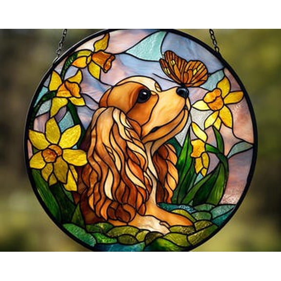 Cocker Spaniel Suncatcher, Cocker Spaniel Gifts, Cocker Dog with Butterfly Window Hanging Art, Floral Pet Memorial Gift, Spring Home Decor, 3.5 in