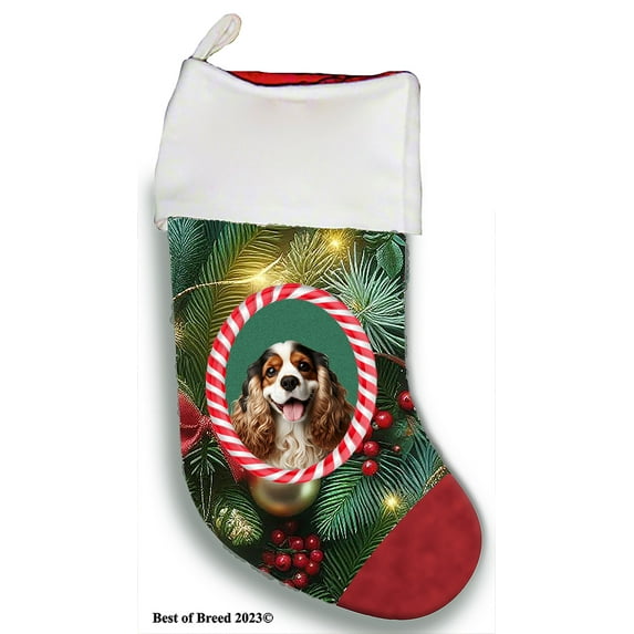 Cocker Spaniel Tri - Best of Breed Christmas Stocking 13.5" Red Gaming Cloth with Red Lining ,Plush White Cuff
