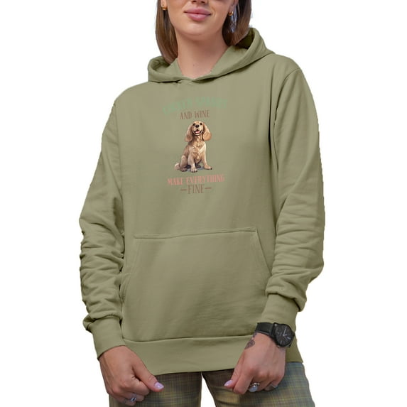 Cocker Spaniel and Wine Make Everything Fine with a Dog Art Merch Gift, Sand Hooded Sweatshirt or Hoodie, Medium