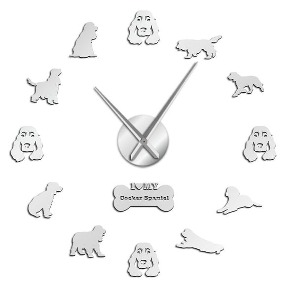 Cocker Spaniels Dog Silhouette Frameless Wall Clock Stickers, DIY Modern Decorative Clocks for Living Room, Bedroom, Office - Easy to Install, Large 3D Clock Design (Silver,27in)