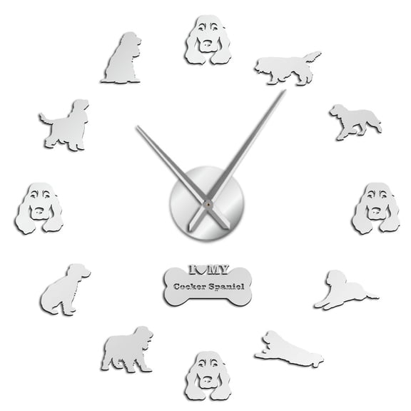 Cocker Spaniels Mirror Effect Wall Stickers Watch Large DIY Wall Clock Home Decor(Silver,27inch)