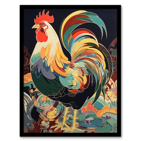 Cockerel Cock Rooster Modern Flamboyant Colourful Painting Artwork Framed Wall Art Print A4