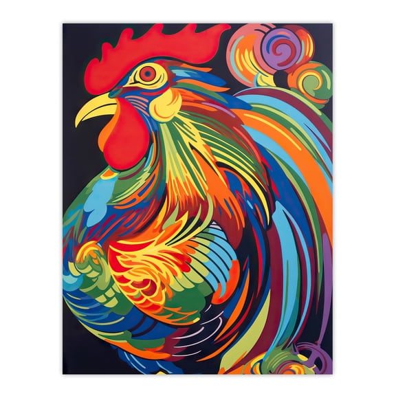 Cockerel Rooster Chicken Hen Neon Colour Feathers Graphic Artwork Vibrant Bold Bright Colourful Painting Unframed Wall Art Print Poster Home Decor Premium