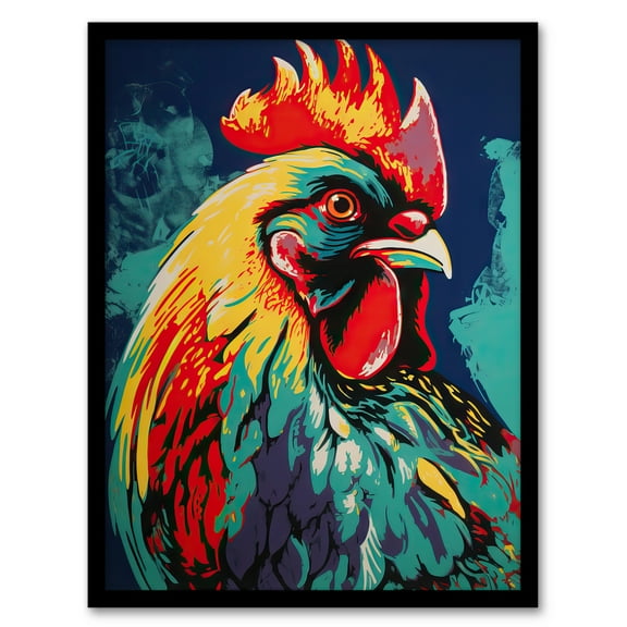 Cockerel Rooster Chicken Hen Screenprint Red Yellow Turquoise Vibrant Bold Bright Colourful Painting Art Print Framed Poster Wall Decor 12x16 inch