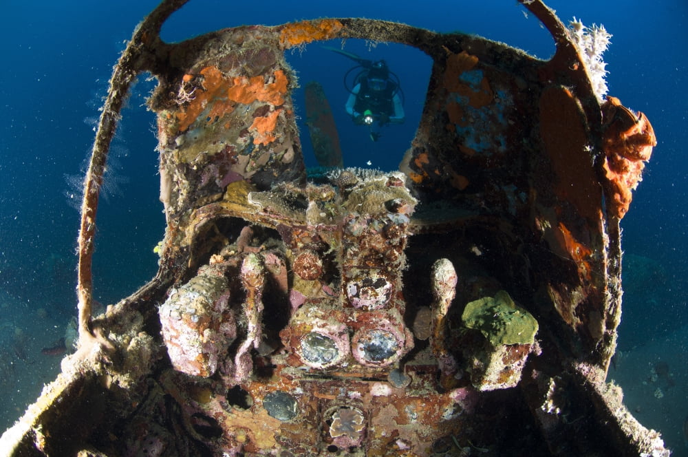 Cockpit of a Mitsubishi Zero fighter plane wreck underwater Canvas Art - Steve JonesStocktrek Images (35 x 23)