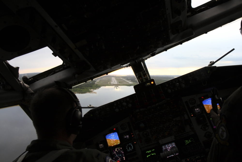 Cockpit view of an evening landing in a KC-135 Stratotanker of the US Air Force Canvas Art - Daniel KarlssonStocktrek Images (35 x 24)
