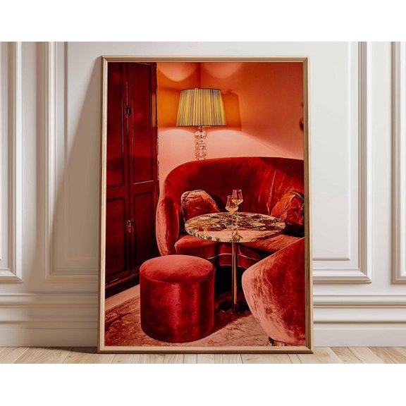 Cocktail Bar Vintage Lounge Retro Interior Red Velvet Sofa Glamorous Nightlife Wall Art Print, Unframed Paper Poster 24x36in