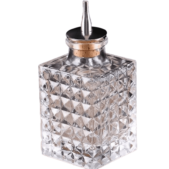 Cocktail Bitters Bottle - Vintage Square Glass Design with Cork and Stainless Steel Dasher Top