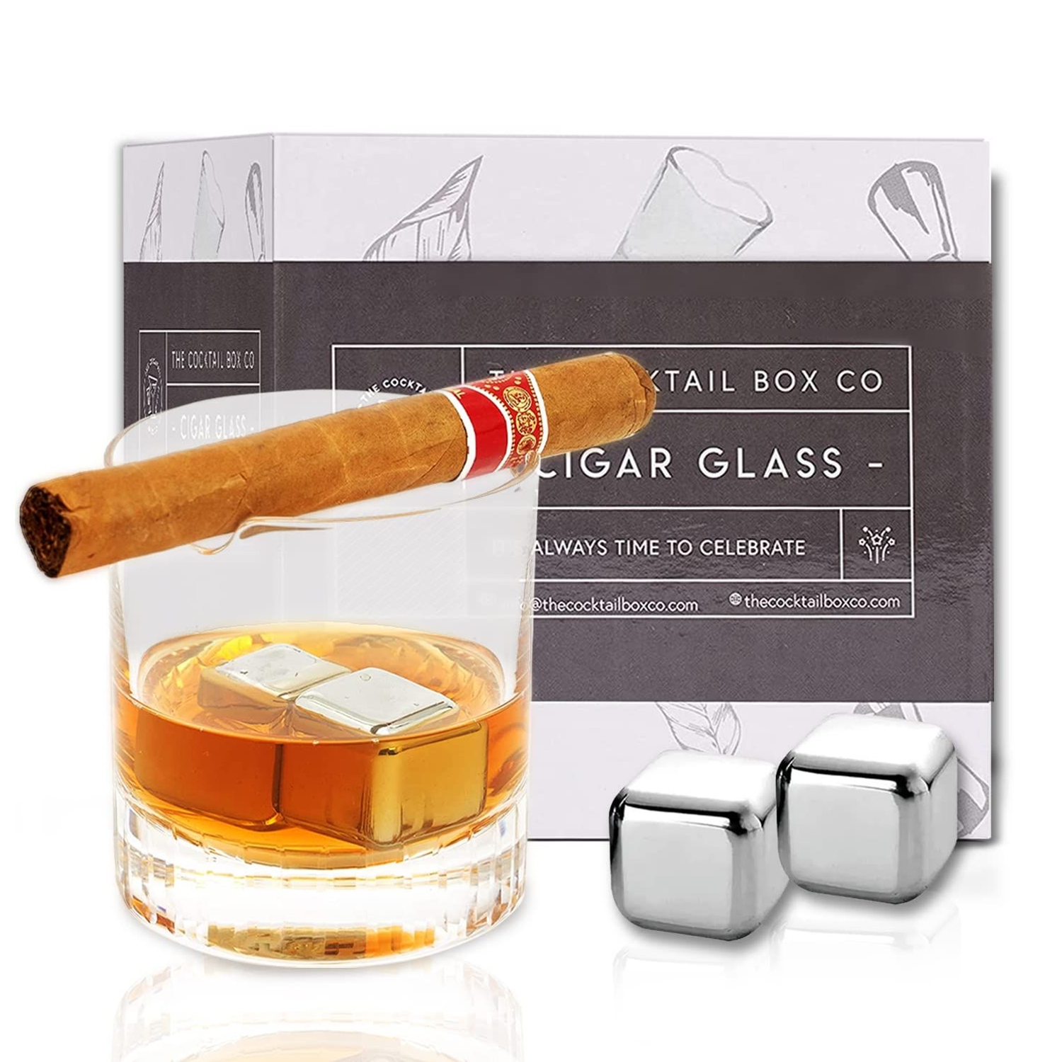 The Cocktail Box Co Cigar Whiskey Glass with Cigar Holder, Whiskey Cigar  Glass Holder Set with 2 Whiskey Stones, Old Fashioned Cigar Cup Holder,  Premium Bourbon Glass Cigar Holder, Gifts for men -