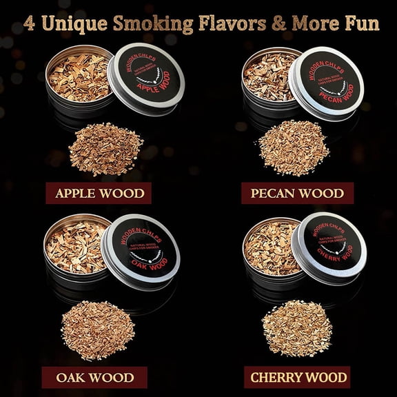 Cocktail Box, QQZ Natural Wood Chips Whiskey Smoker Kit, 4 Flavors Aromatherapy Wood Shavings for Grilling BBQ Meat Fish