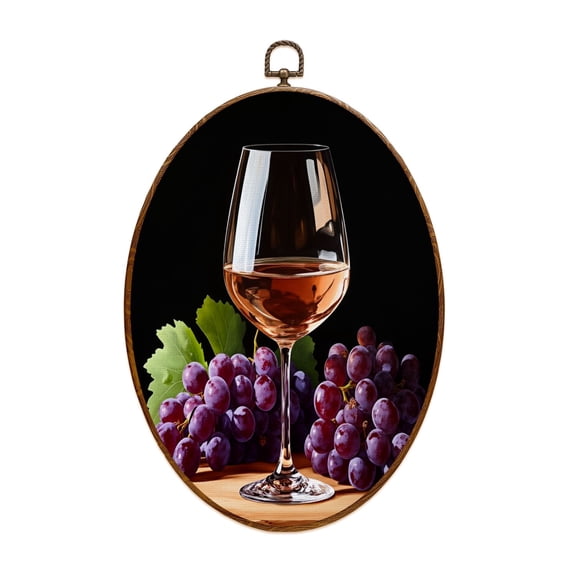 Cocktail Canvas Wall Art Abstract Goblet Fruit Kitchen Food Wine Glass Red Grapes Cluster Amber Colored Oval Framed Canvas Prints Vintage Wall Hanging Decor for Home Decorations 8.6"x11.4"